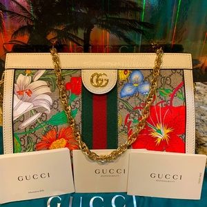 Gucci GG Supreme Monogram Flora Web Small Ophidia Chain Shoulder Bag White